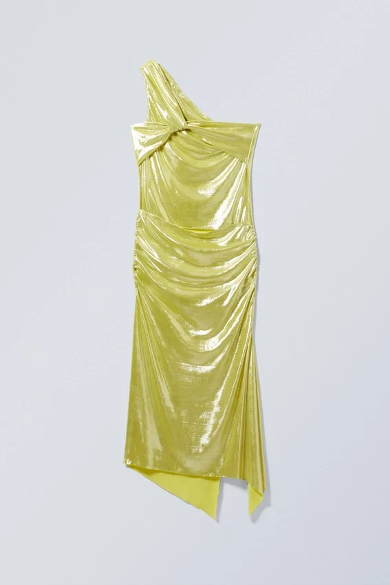 Overlap Draped Asymmetric Midi Dress – Shiny Yellow Overlap Draped Asymmetric Midi Dress – Shiny Yellow