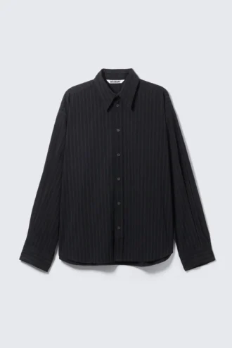 Oversized Button-Up Poplin Shirt – Black – Dark Blue Stripes