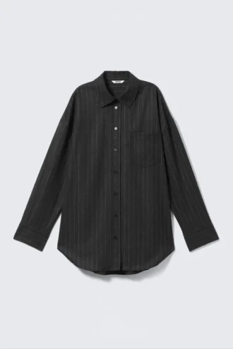Oversized Button-Up Shirt – Dark Grey – Metallic Stripes