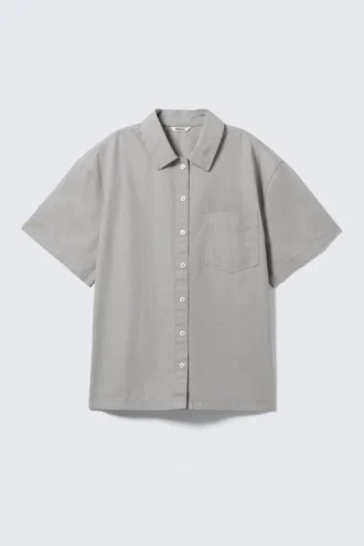 Oversized Cotton Canvas Short-Sleeved Shirt – Light Grey