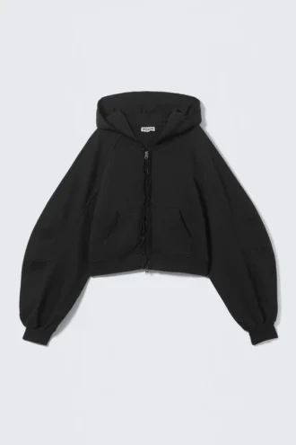 Oversized Cropped Frayed Zip Hoodie – Black