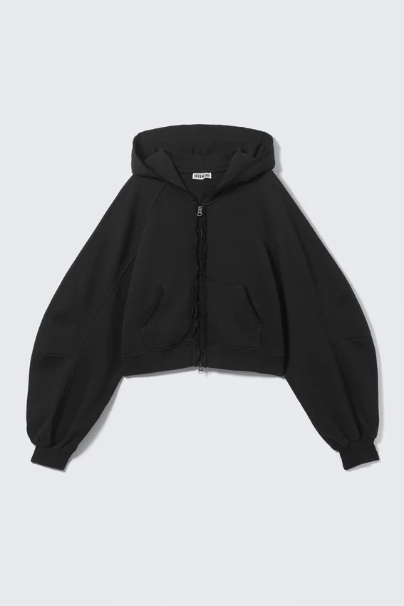 Oversized Cropped Frayed Zip Hoodie – Black Oversized Cropped Frayed Zip Hoodie – Black
