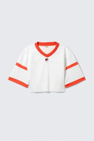 Oversized Cropped Mesh T-Shirt – White/Red