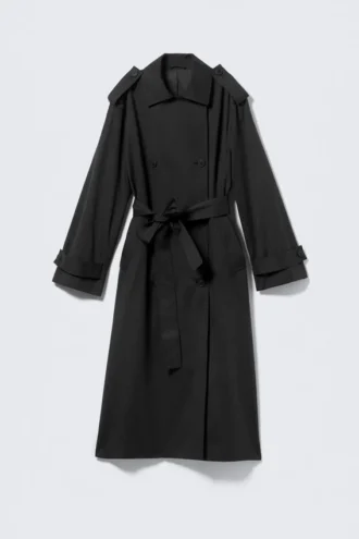 Oversized Double-Breasted Canvas Trench Coat – Black