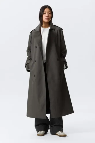 Oversized Double-Breasted Canvas Trench Coat – Dark Grey