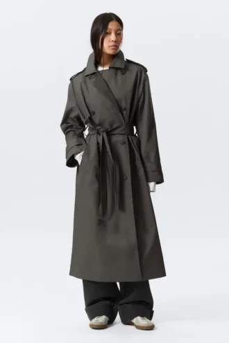 Oversized Double-Breasted Canvas Trench Coat – Dark Grey