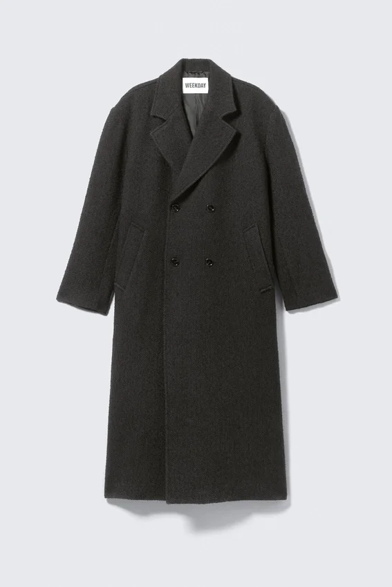 Oversized Double-Breasted Wool-Blend Coat – Dark Grey Herringbone Oversized Double-Breasted Wool-Blend Coat – Dark Grey Herringbone