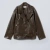 Oversized Faux Leather Biker Jacket – Dark Brown Oversized Faux Leather Biker Jacket – Dark Brown