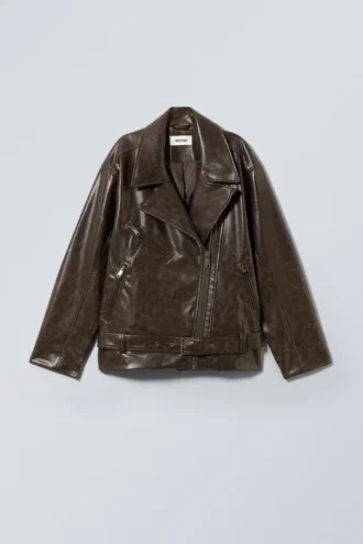 Oversized Faux Leather Biker Jacket – Dark Brown