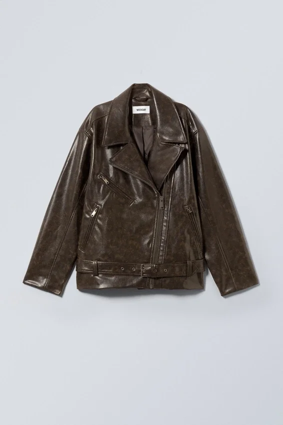 Oversized Faux Leather Biker Jacket – Dark Brown Oversized Faux Leather Biker Jacket – Dark Brown