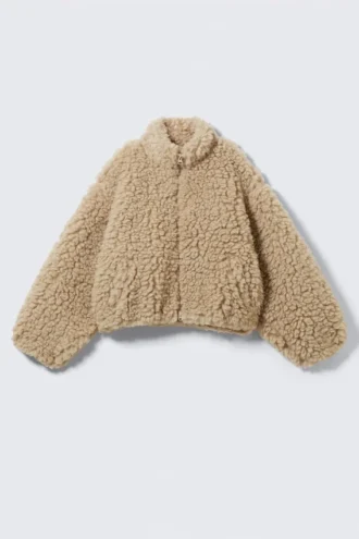 Oversized Fluffy Zip Jacket – Dusty Beige