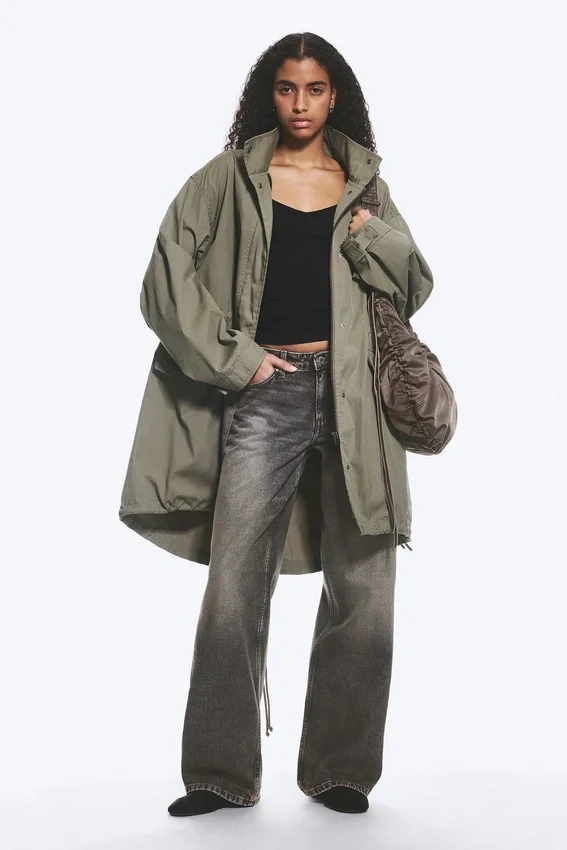 Oversized Funnel-Neck Canvas Parka – Khaki Green Oversized Funnel-Neck Canvas Parka – Khaki Green