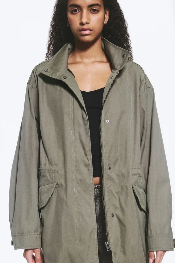 Oversized Funnel-Neck Canvas Parka – Khaki Green Oversized Funnel-Neck Canvas Parka – Khaki Green