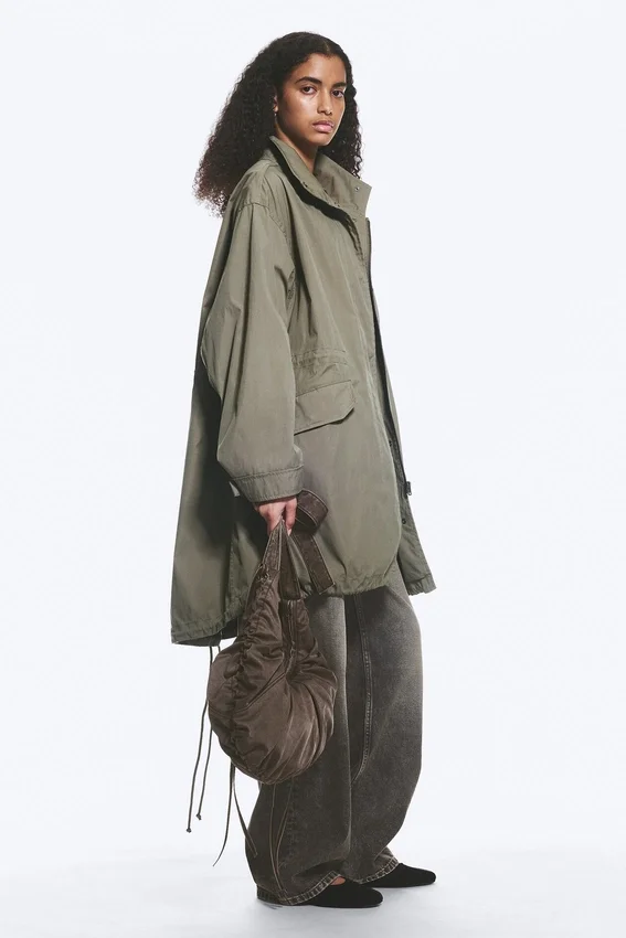 Oversized Funnel-Neck Canvas Parka – Khaki Green Oversized Funnel-Neck Canvas Parka – Khaki Green