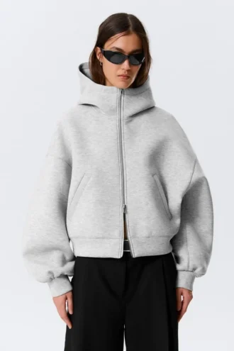 Oversized Funnel Neck Scuba Zip Hoodie – Grey Melange