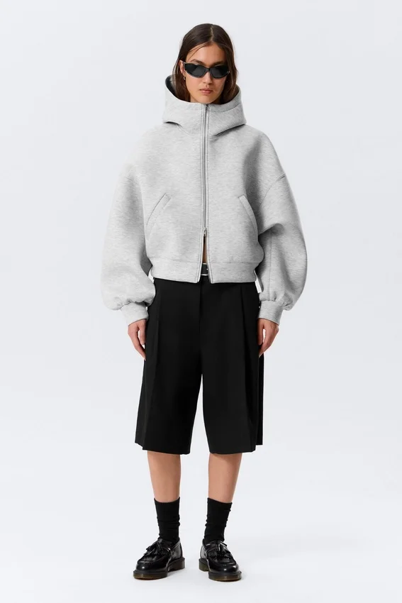Oversized Funnel Neck Scuba Zip Hoodie – Grey Melange Oversized Funnel Neck Scuba Zip Hoodie – Grey Melange