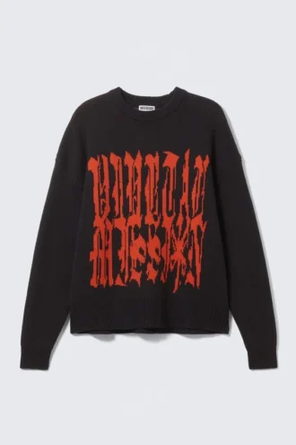 Oversized Graphic Cotton Knit Sweater – Black