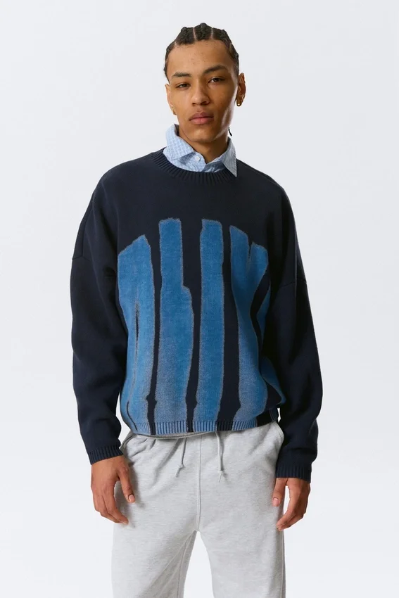 Oversized Graphic Knitted Cotton Sweater – Navy Blue – Alive Oversized Graphic Knitted Cotton Sweater – Navy Blue – Alive