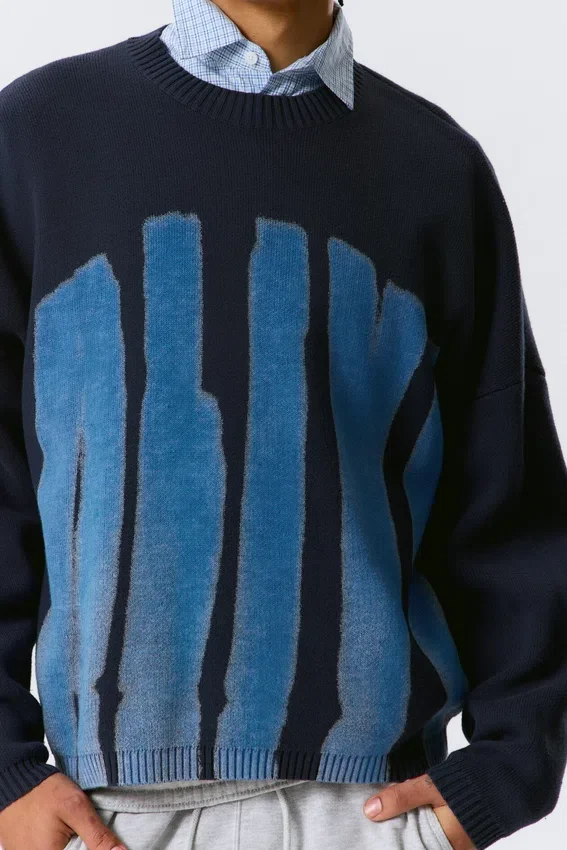 Oversized Graphic Knitted Cotton Sweater – Navy Blue – Alive Oversized Graphic Knitted Cotton Sweater – Navy Blue – Alive