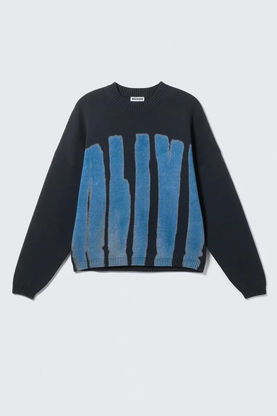 Oversized Graphic Knitted Cotton Sweater – Navy Blue – Alive Oversized Graphic Knitted Cotton Sweater – Navy Blue – Alive