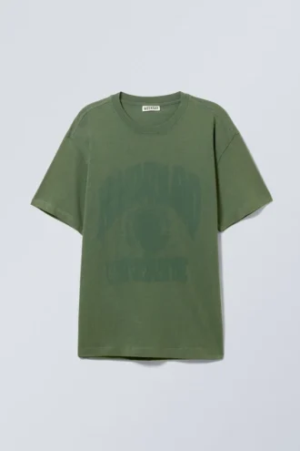 Oversized Graphic Printed T-Shirt – Washed Dark Green