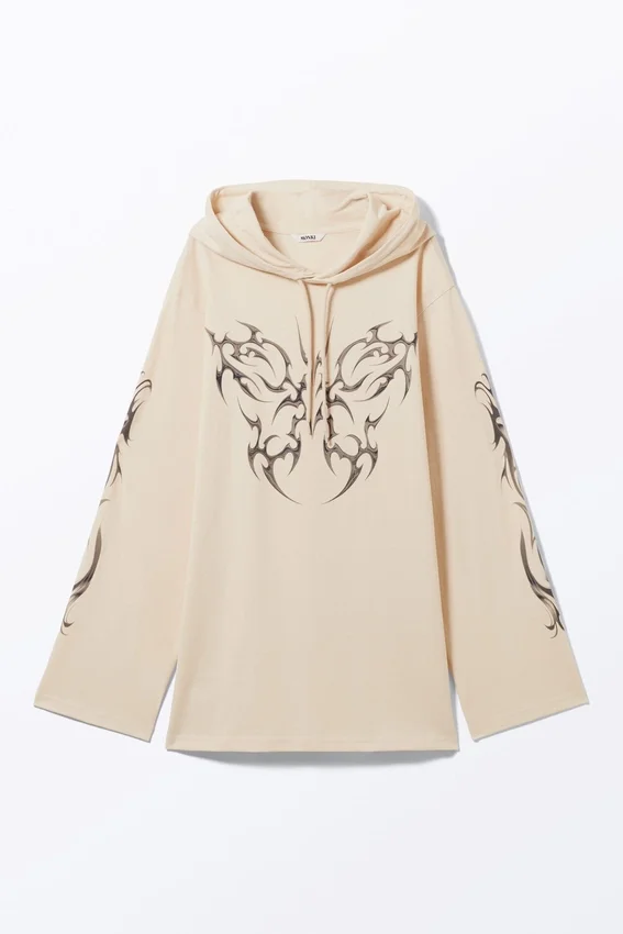 Oversized Hoodie Mini Dress – Light Beige – Tribal Butterfly Oversized Hoodie Mini Dress – Light Beige – Tribal Butterfly