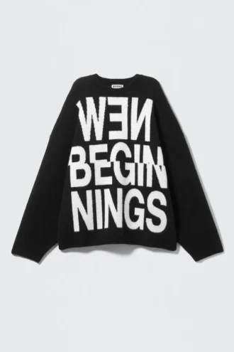Oversized Jacquard Knitted Sweater – Black – New Beginnings
