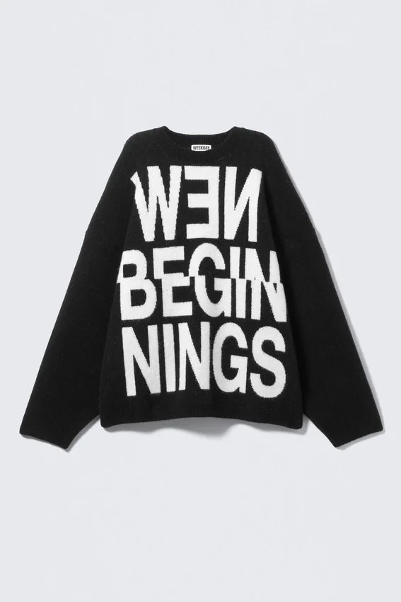 Oversized Jacquard Knitted Sweater – Black – New Beginnings Oversized Jacquard Knitted Sweater – Black – New Beginnings