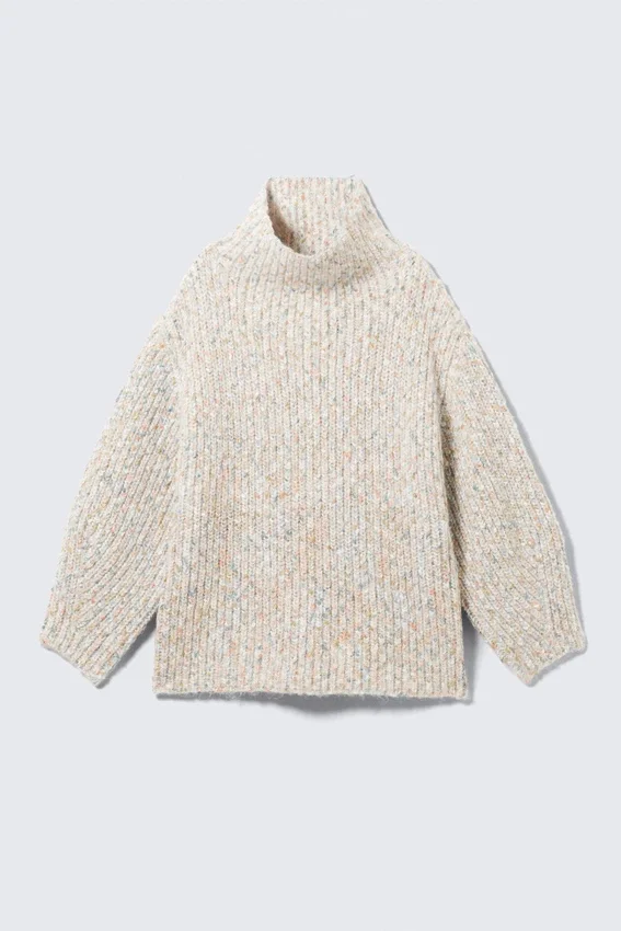 Oversized Knitted Turtleneck Sweater – White – Multicoloured Oversized Knitted Turtleneck Sweater – White – Multicoloured