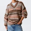Oversized Knitted V-Neck Sweater – Brown & Orange Stripe Oversized Knitted V-Neck Sweater – Brown & Orange Stripe