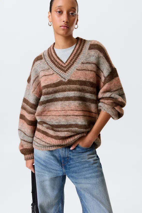 Oversized Knitted V-Neck Sweater – Brown & Orange Stripe Oversized Knitted V-Neck Sweater – Brown & Orange Stripe