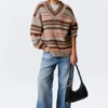 Oversized Knitted V-Neck Sweater – Brown & Orange Stripe Oversized Knitted V-Neck Sweater – Brown & Orange Stripe
