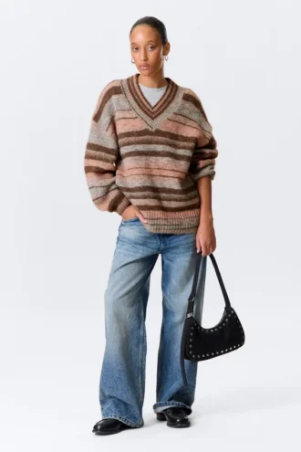 Oversized Knitted V-Neck Sweater – Brown & Orange Stripe