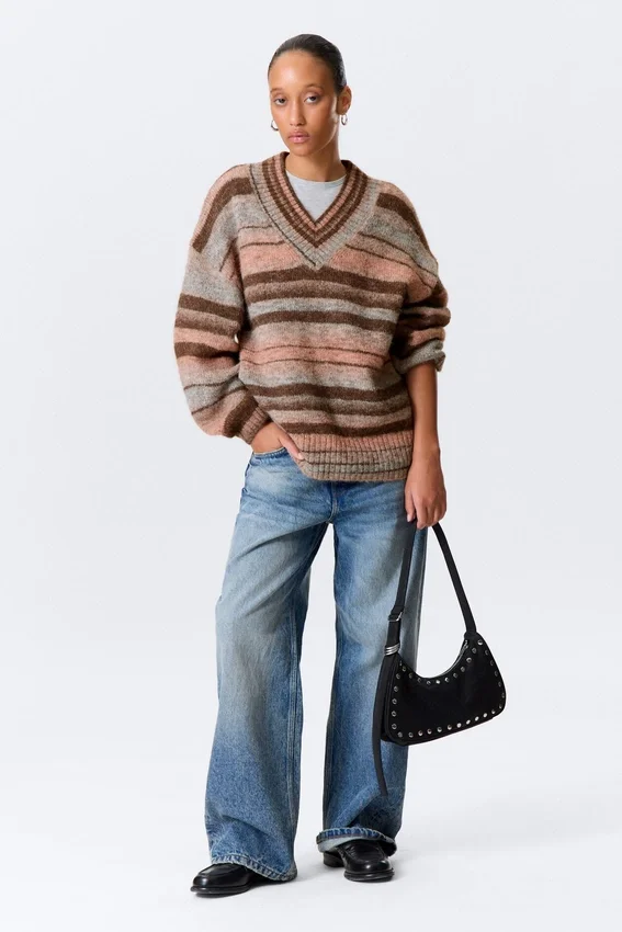 Oversized Knitted V-Neck Sweater – Brown & Orange Stripe Oversized Knitted V-Neck Sweater – Brown & Orange Stripe