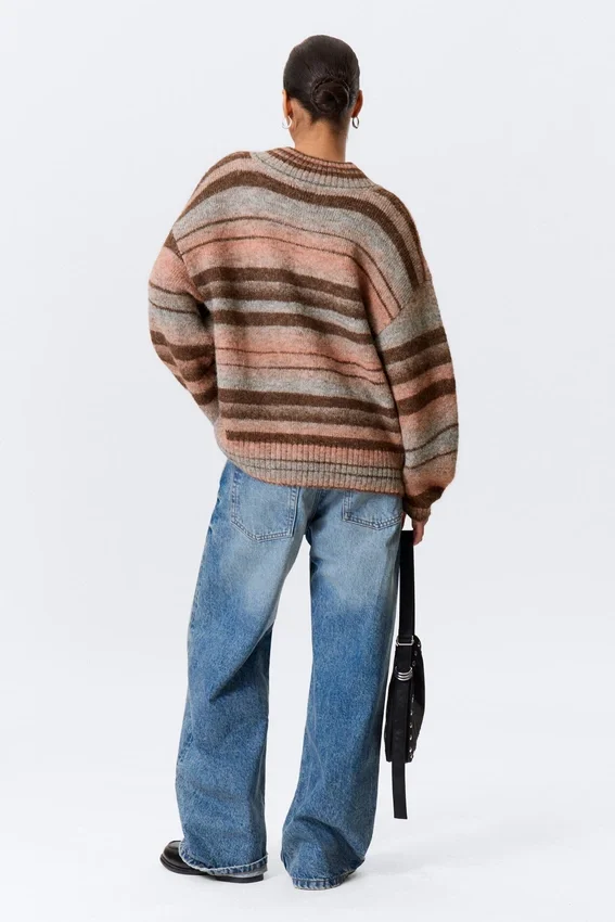 Oversized Knitted V-Neck Sweater – Brown & Orange Stripe Oversized Knitted V-Neck Sweater – Brown & Orange Stripe