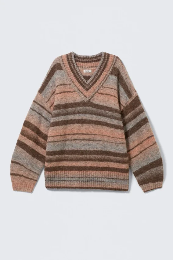 Oversized Knitted V-Neck Sweater – Brown & Orange Stripe Oversized Knitted V-Neck Sweater – Brown & Orange Stripe