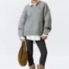 Oversized Knitted V-Neck Sweater – Grey Melange Oversized Knitted V-Neck Sweater – Grey Melange