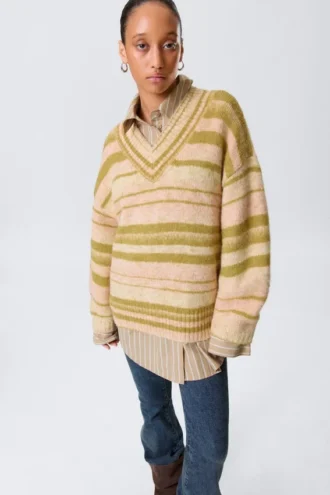 Oversized Knitted V-Neck Sweater – Striped Yellow Oversized Knitted V-Neck Sweater – Striped Yellow