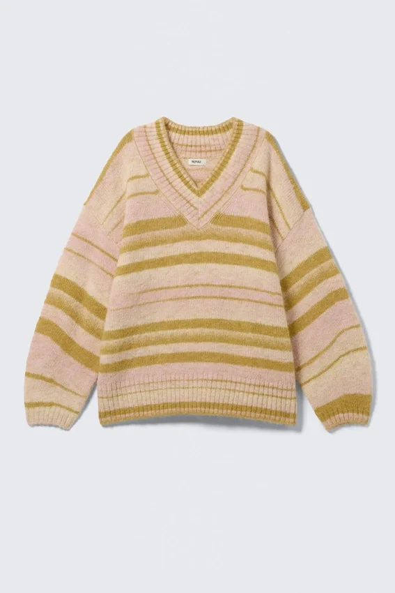 Oversized Knitted V-Neck Sweater – Striped Yellow Oversized Knitted V-Neck Sweater – Striped Yellow