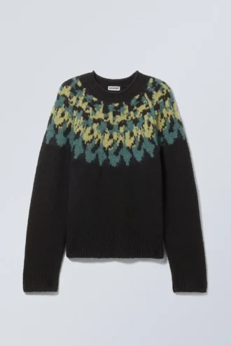 Oversized Knitted Wool-Blend Raglan Sweater – Black – Petrol/Yellow Pattern