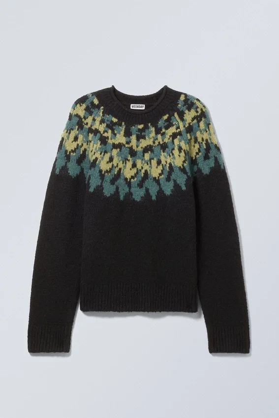 Oversized Knitted Wool-Blend Raglan Sweater – Black – Petrol/Yellow Pattern Oversized Knitted Wool-Blend Raglan Sweater – Black – Petrol/Yellow Pattern
