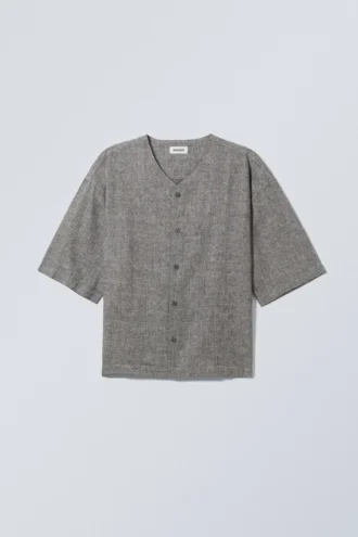 Oversized Linen Blend Baseball Shirt – Dark Grey