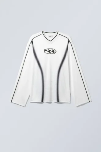 Oversized Long Sleeve V-Neck T-Shirt – Printed White
