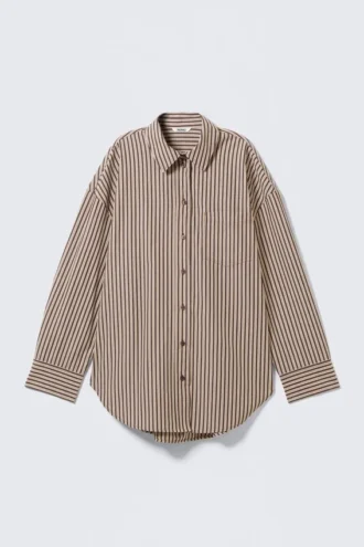 Oversized Long-Sleeved Cotton Shirt – Burgundy & Yellow Stripes