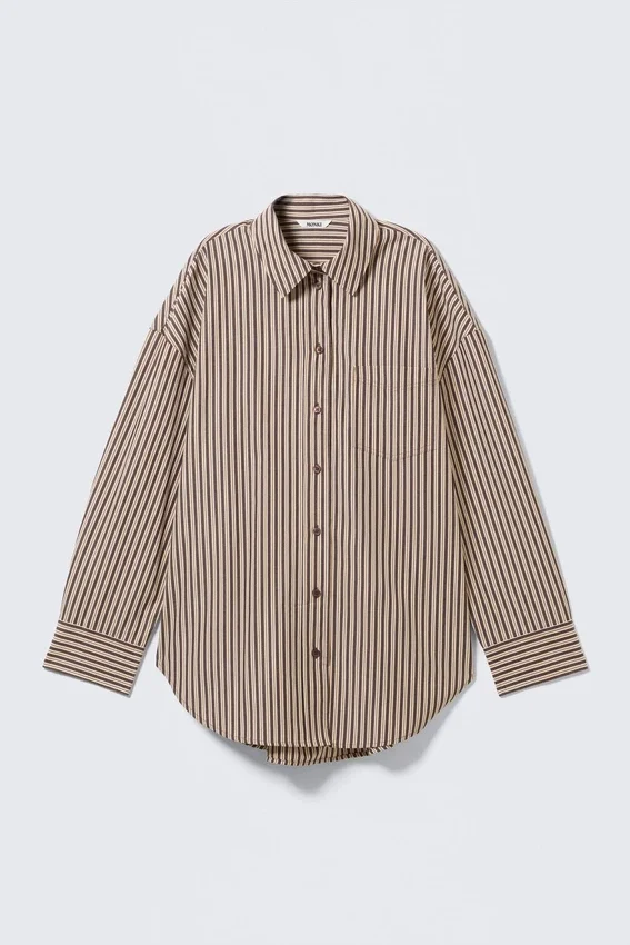 Oversized Long-Sleeved Cotton Shirt – Burgundy & Yellow Stripes Oversized Long-Sleeved Cotton Shirt – Burgundy & Yellow Stripes