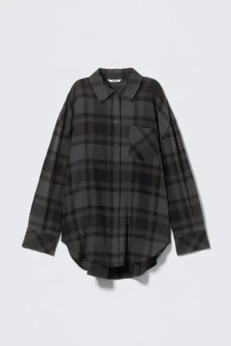 Oversized Long-Sleeved Cotton Shirt – Checked Dark Grey