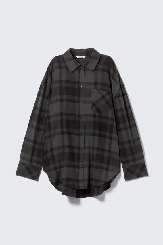 Oversized Long-Sleeved Cotton Shirt – Checked Dark Grey Oversized Long-Sleeved Cotton Shirt – Checked Dark Grey