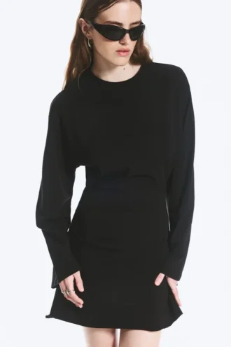 Oversized Long-Sleeved Mini Dress – Black