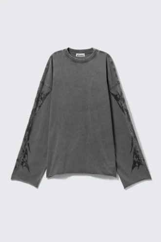 Oversized Long-Sleeved Rhinestone T-Shirt – Dark Grey