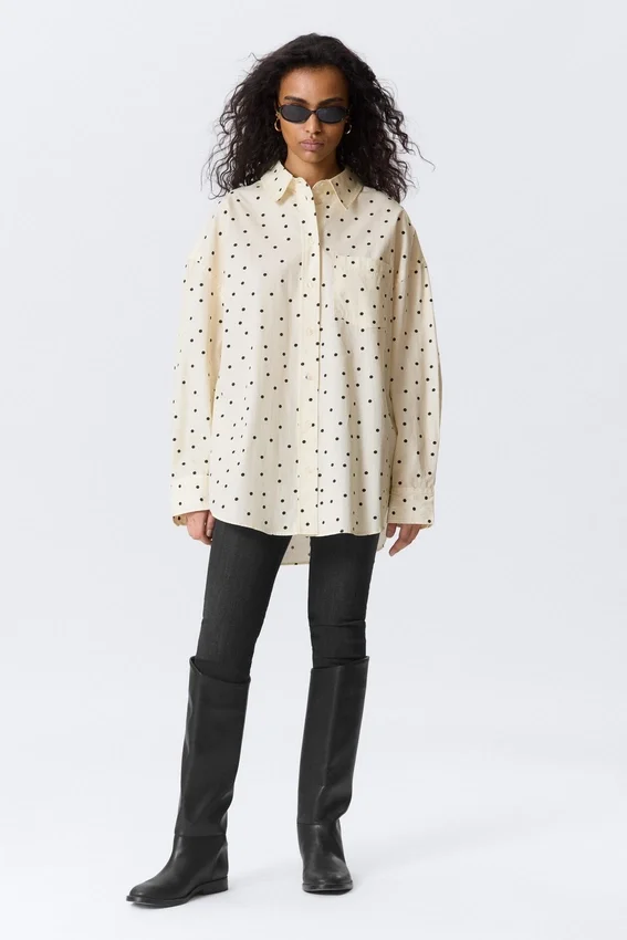 Oversized Long-Sleeved Shirt – Light Yellow – Dot Oversized Long-Sleeved Shirt – Light Yellow – Dot